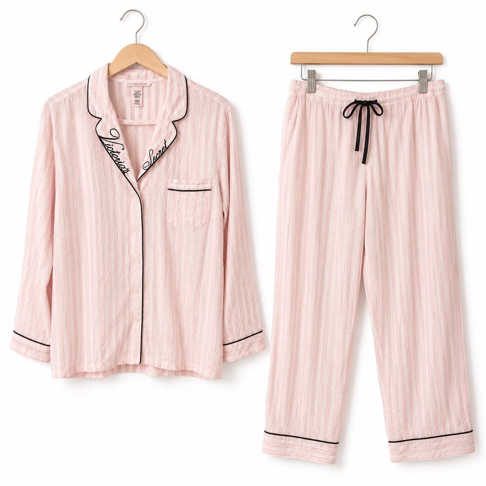Victoria's Secret Logo Striped Pajama Set Womens XL Pink Gold Shimmer Sleepwear - Picture 2 of 16